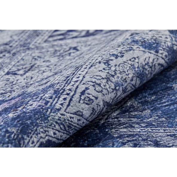 Klasik Mavi Salon&Oturma Odası Yolluk&Yatak Odası Dijital Baskılı Makinede Yıkanabilir Kaymaz Taban Saçaklı Halı HK064 - Resim 5