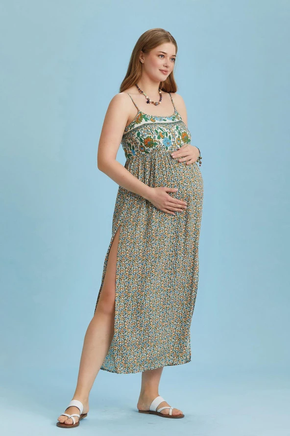 Askılı Yırtmaçlı Çiçekli Robadan Hamile Elbise