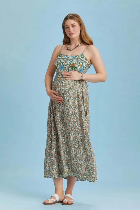 Askılı Yırtmaçlı Çiçekli Robadan Hamile Elbise - 2