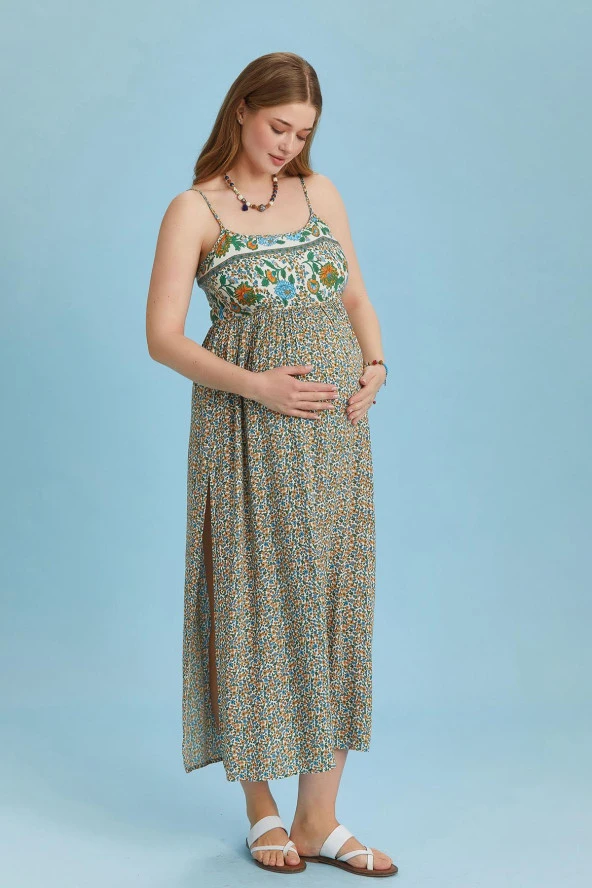 Askılı Yırtmaçlı Çiçekli Robadan Hamile Elbise - 3