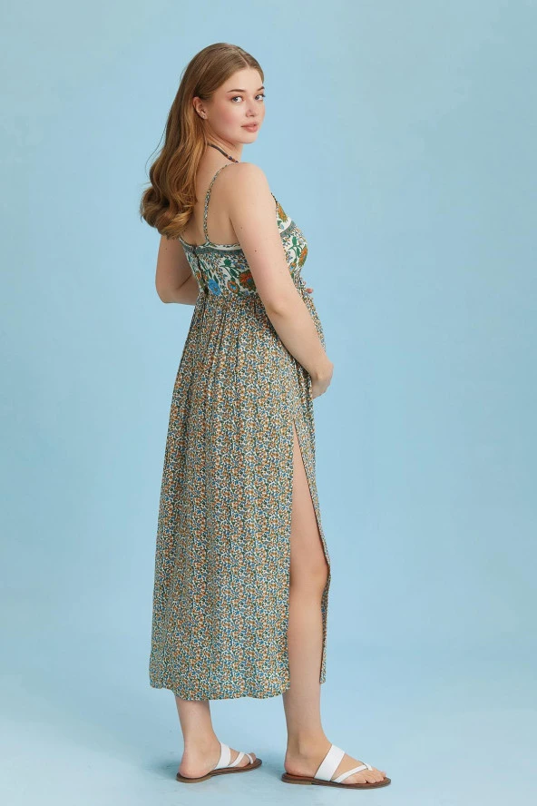 Askılı Yırtmaçlı Çiçekli Robadan Hamile Elbise - 4