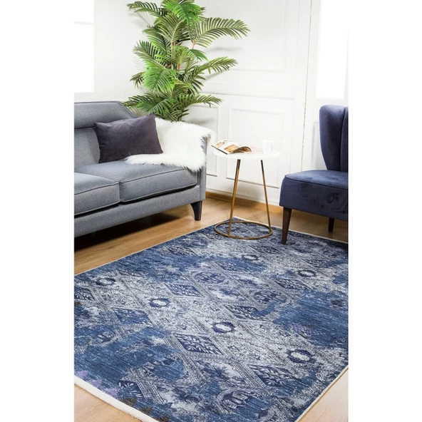 Klasik Mavi Salon&Oturma Odası Yolluk&Yatak Odası Dijital Baskılı Makinede Yıkanabilir Kaymaz Taban Saçaklı Halı HK064 - Resim 2