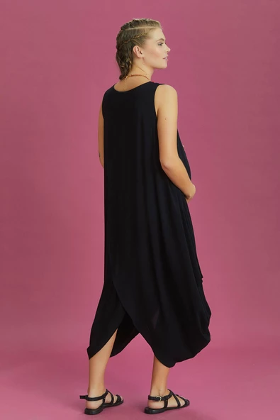 Diyagonal Kesim Ön Katlı Siyah Bol Şık Hamile Elbise - Resim 4