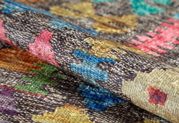 Klasik Kahve Renkli Salon&Oturma Odası&Yolluk Dijital Baskılı Makinede Yıkanabilir Kaymaz Taban Saçaklı Halı HK060 - 4