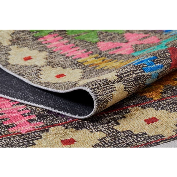 Klasik Kahve Renkli Salon&Oturma Odası&Yolluk Dijital Baskılı Makinede Yıkanabilir Kaymaz Taban Saçaklı Halı HK060 - 3