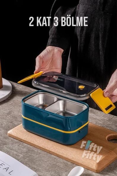 Vagonlife 1400 ML İki Kat Üç Bölme Paslanmaz Çelik Bento Lunch Box Yeni Nesil Sefer Tası -Çatal/Kaşıklı Model-ffbl50002 - 12