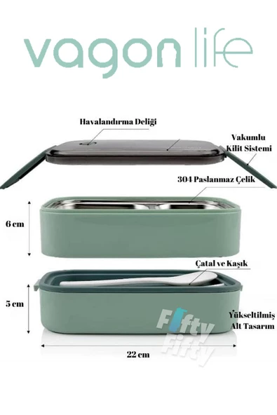 Vagonlife 1400 ML İki Kat Üç Bölme Paslanmaz Çelik Bento Lunch Box Yeni Nesil Sefer Tası -Çatal/Kaşıklı Model-ffbl50002 - 7