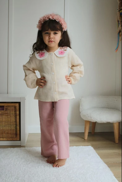 KIZ ÇOCUK MUSLİN KUMAŞ PANTOLON İKİLİ TAKIM - 6