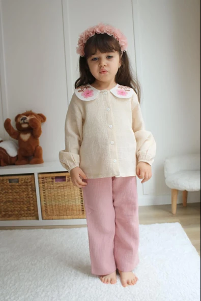 KIZ ÇOCUK MUSLİN KUMAŞ PANTOLON İKİLİ TAKIM - 5