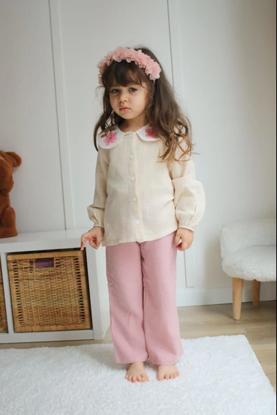 KIZ ÇOCUK MUSLİN KUMAŞ PANTOLON İKİLİ TAKIM - 4