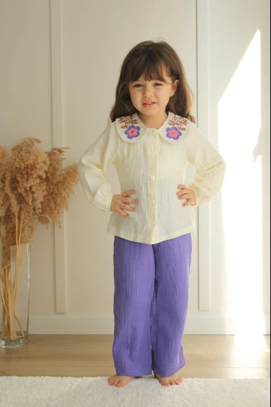 KIZ ÇOCUK MUSLİN KUMAŞ PANTOLON İKİLİ TAKIM - 2