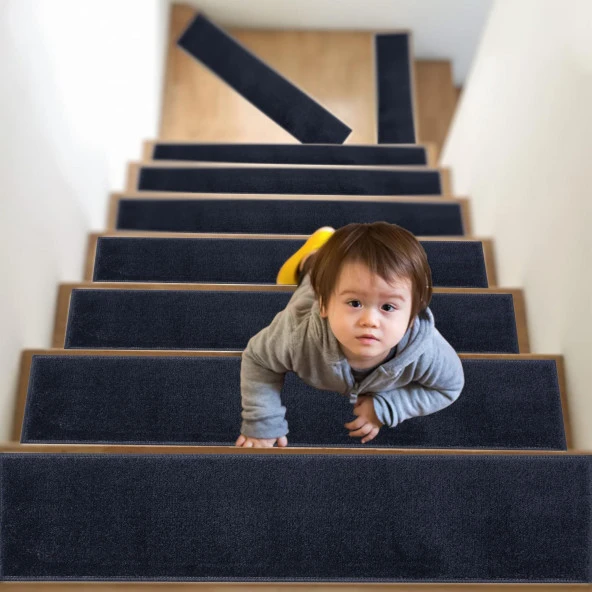 Glary Home GH13A-B-GRY5 Düz Desenli Kaydırmaz Tabanlı 5'li Merdiven Halısı - Siyah - 5