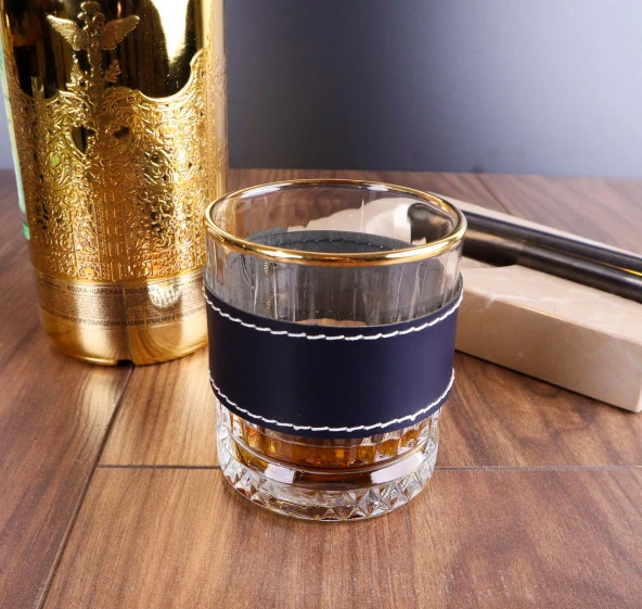 Perlotus 5 Oz 150 cc Lacivert Deri Kılıflı Cep Tipi Çelik Viski İçki Matarası ve Gold Viski Bardağı Seti - 3