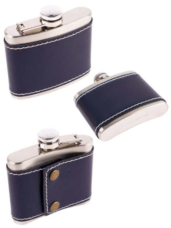 Perlotus 5 Oz 150 cc Lacivert Deri Kılıflı Cep Tipi Çelik Viski İçki Matarası ve Gold Viski Bardağı Seti - 4