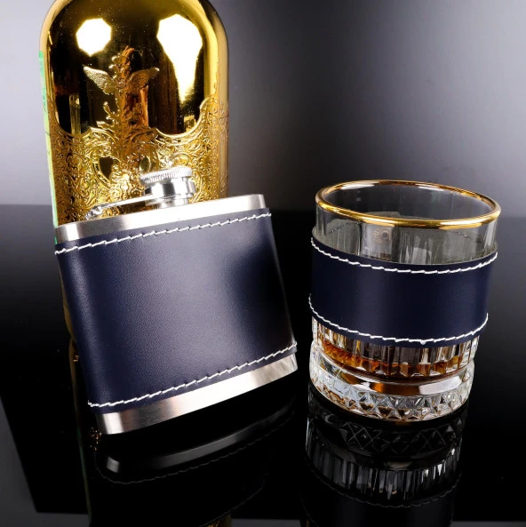Perlotus 5 Oz 150 cc Lacivert Deri Kılıflı Cep Tipi Çelik Viski İçki Matarası ve Gold Viski Bardağı Seti - 5