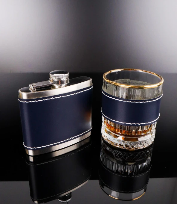 Perlotus 5 Oz 150 cc Lacivert Deri Kılıflı Cep Tipi Çelik Viski İçki Matarası ve Gold Viski Bardağı Seti - 6