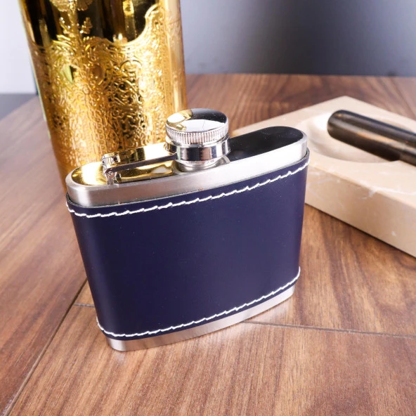 Perlotus 5 Oz 150 cc Lacivert Deri Kılıflı Cep Tipi Çelik Viski İçki Matarası ve Gold Viski Bardağı Seti - 7