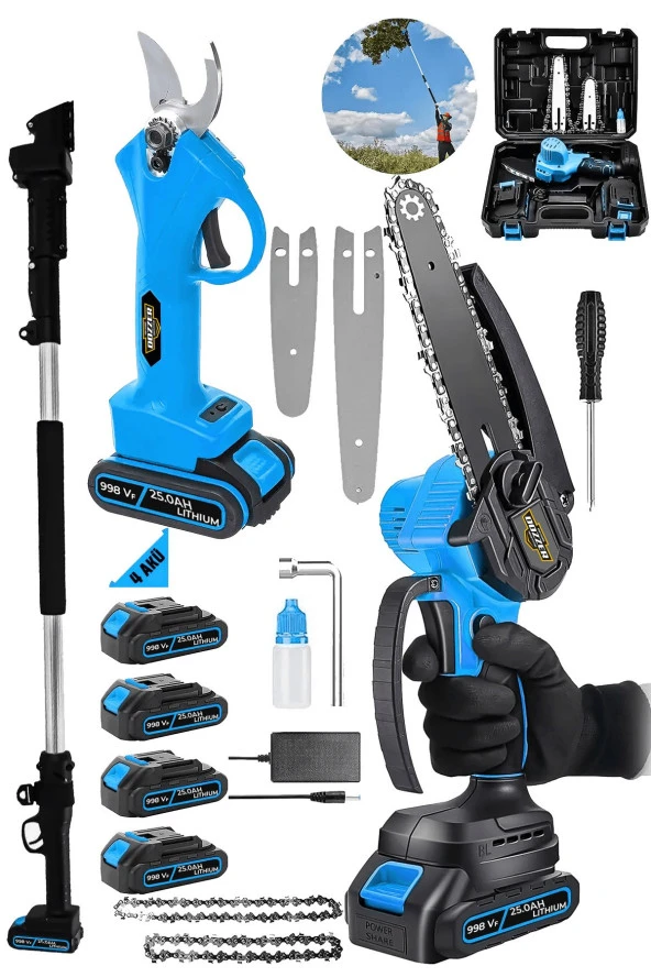 Dozzer 21 Volt 3 Ah 2 Li Set 4 Akülü 3Mt Teleskopik Ağaç Dal Kesme Budama Makası & Testere Makinesi