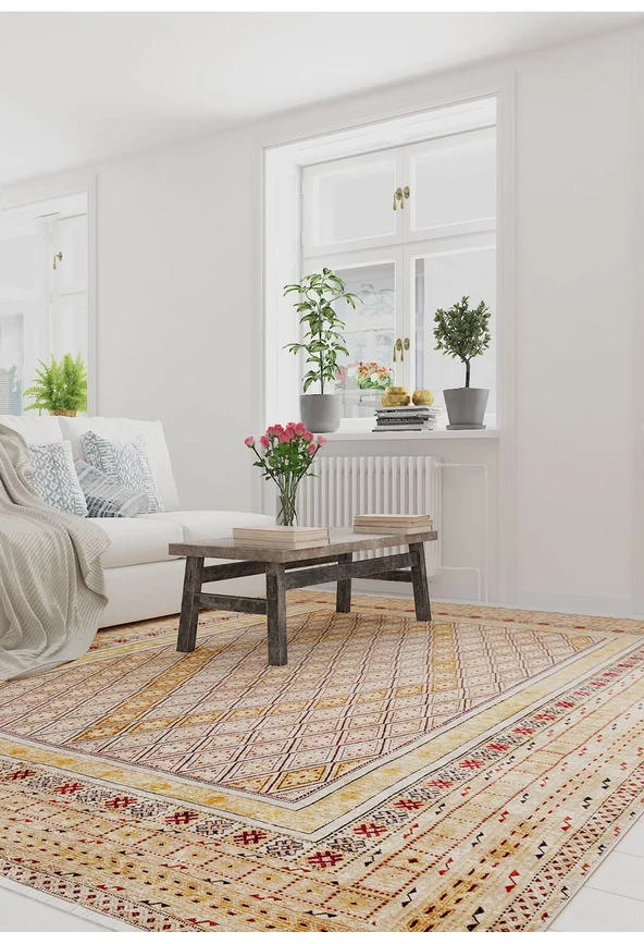 Klasik Sarı Salon&Oturma Odası Yolluk&Yatak Odası Dijital Baskılı Makinede Yıkanabilir Kaymaz Taban Saçaklı Halı HK076 - Resim 4