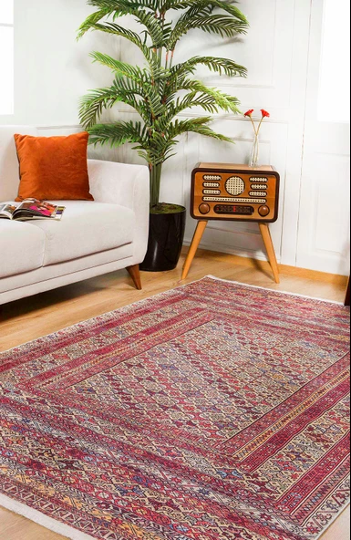 Klasik Kırmızı Salon&Oturma Odasıı&Yolluk Dijital Baskılı Makinede Yıkanabilir Kaymaz Taban Saçaklı Halı HK129 - Resim 2