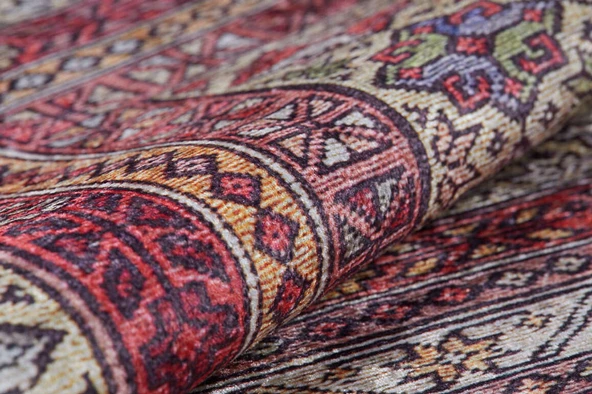 Klasik Kırmızı Salon&Oturma Odasıı&Yolluk Dijital Baskılı Makinede Yıkanabilir Kaymaz Taban Saçaklı Halı HK129 - Resim 4