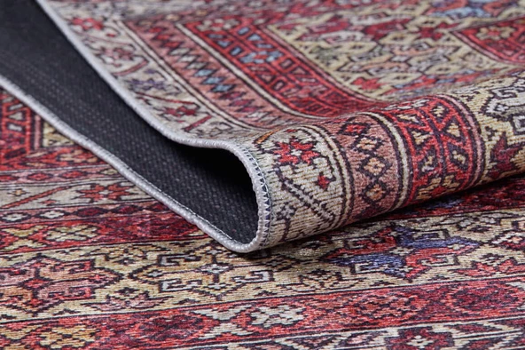 Klasik Kırmızı Salon&Oturma Odasıı&Yolluk Dijital Baskılı Makinede Yıkanabilir Kaymaz Taban Saçaklı Halı HK129 - Resim 3