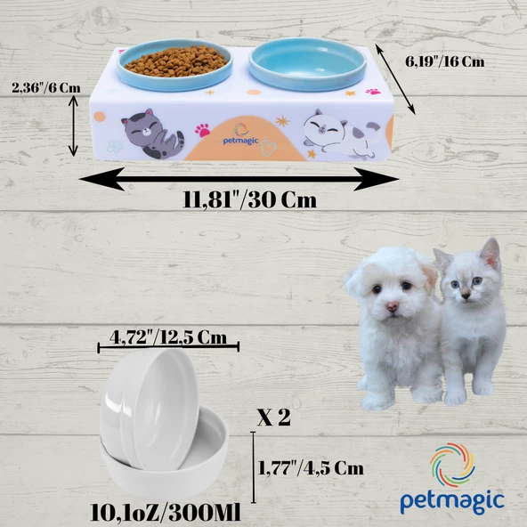 Petmagic Akrilik Pleksi Evcil Hayvan Renkli Seramik Kaseli Kedi ve Köpek Mama Su Kabı-Beyaz Kediler - Resim 9