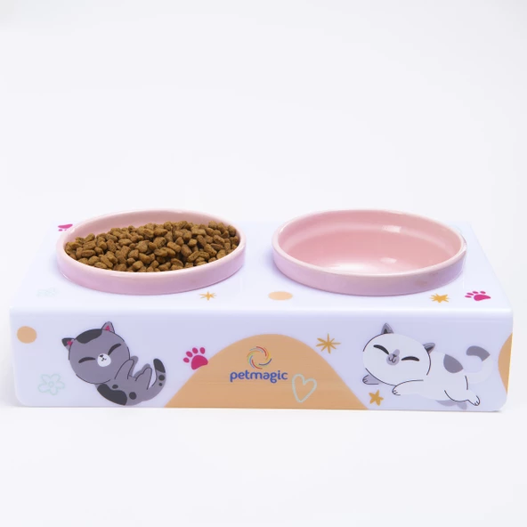 Petmagic Akrilik Pleksi Evcil Hayvan Renkli Seramik Kaseli Kedi ve Köpek Mama Su Kabı-Beyaz Kediler - Resim 4