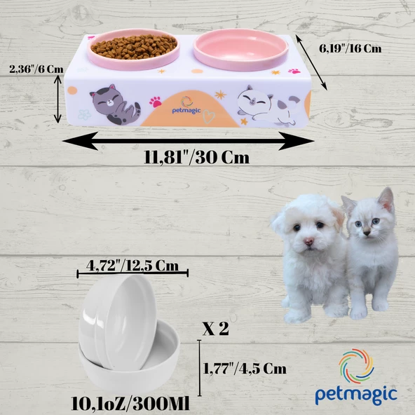 Petmagic Akrilik Pleksi Evcil Hayvan Renkli Seramik Kaseli Kedi ve Köpek Mama Su Kabı-Beyaz Kediler - Resim 6