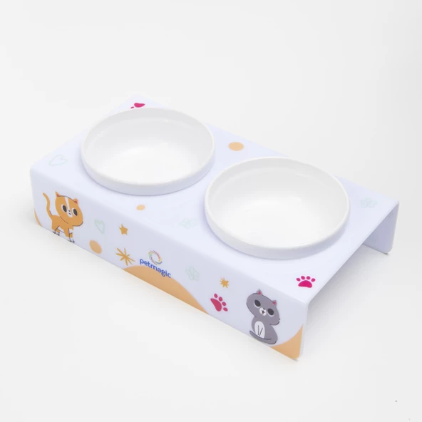 Petmagic Akrilik Pleksi Evcil Hayvan Renkli Seramik Kaseli Kedi ve Köpek Mama Su Kabı-Beyaz Kediler ürün görseli