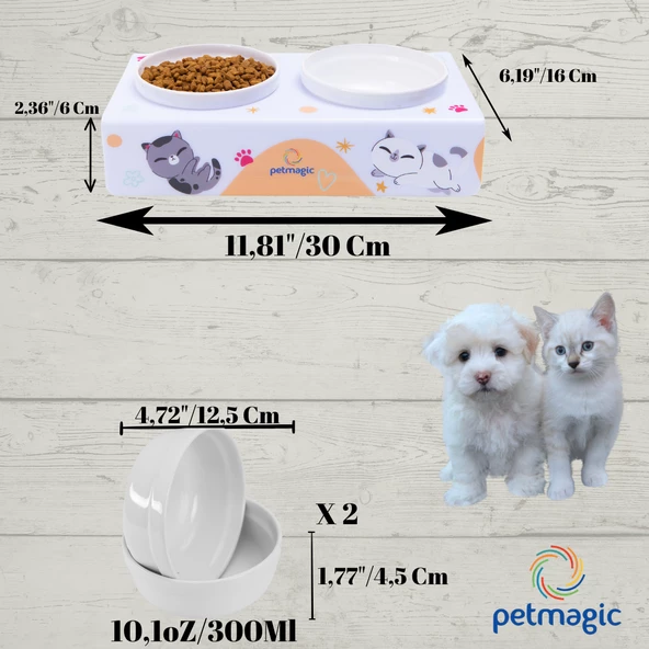 Petmagic Akrilik Pleksi Evcil Hayvan Renkli Seramik Kaseli Kedi ve Köpek Mama Su Kabı-Beyaz Kediler - Resim 2