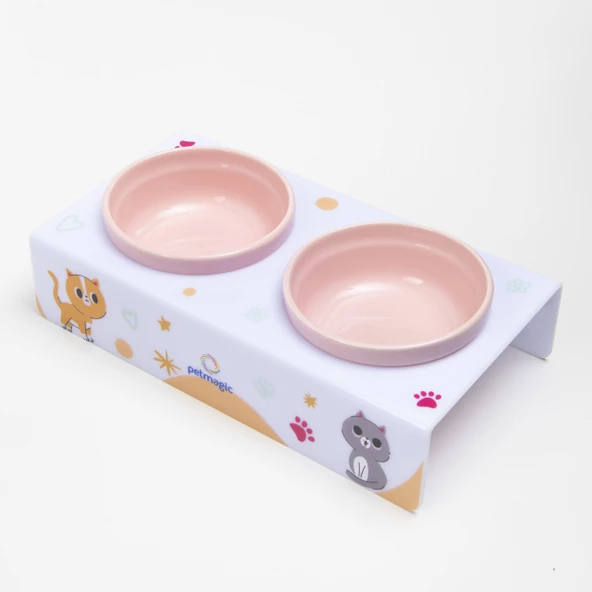 Petmagic Akrilik Pleksi Evcil Hayvan Renkli Seramik Kaseli Kedi ve Köpek Mama Su Kabı-Beyaz Kediler - Resim 5