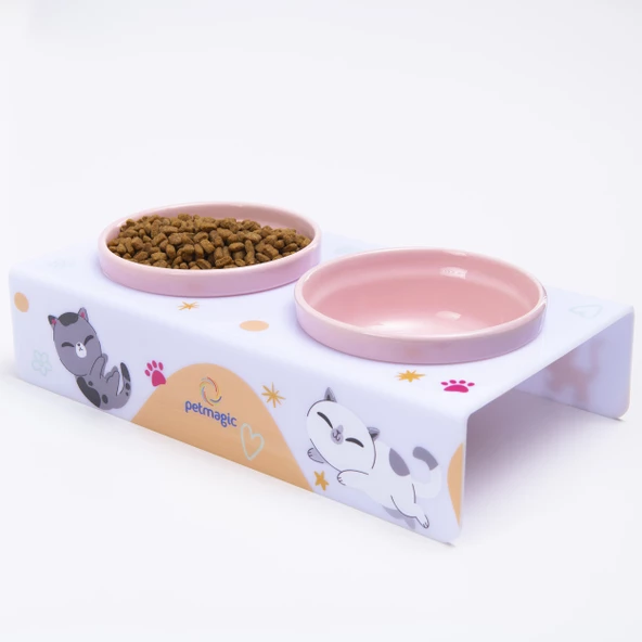 Petmagic Akrilik Pleksi Evcil Hayvan Renkli Seramik Kaseli Kedi ve Köpek Mama Su Kabı-Beyaz Kediler - Resim 3