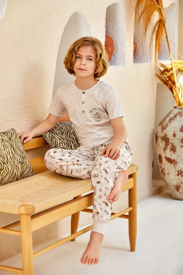 Erkek Çocuk Baskılı Yakası Düğmeli Paçası Lastikli Pijama Takımı - 2