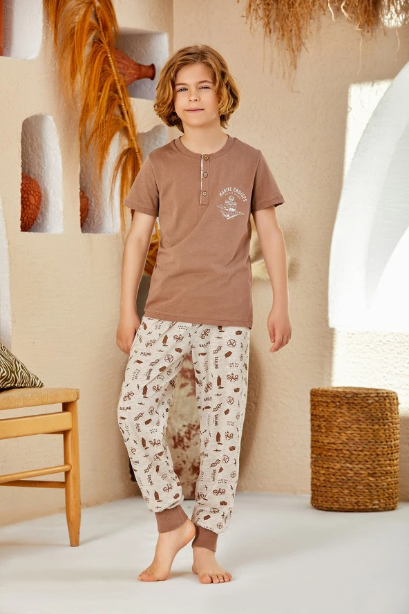 Erkek Çocuk Baskılı Yakası Düğmeli Paçası Lastikli Pijama Takımı - 3