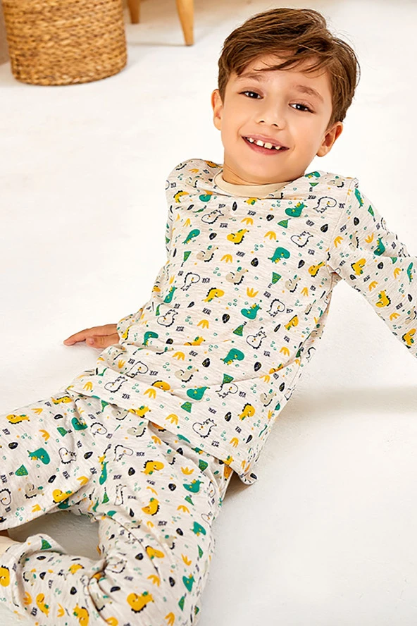 Erkek Çocuk Dinozor Desenli Paçası Lastikli Pijama Takımı - 3