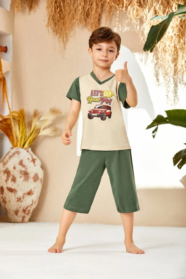 Erkek Çocuk Araba Desenli Şortlu Pijama Takımı - 2