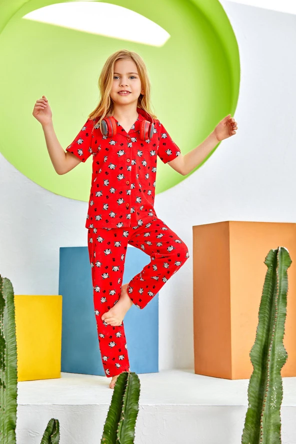 Kız Çocuk Kırmızı Desenli Pijama Takımı