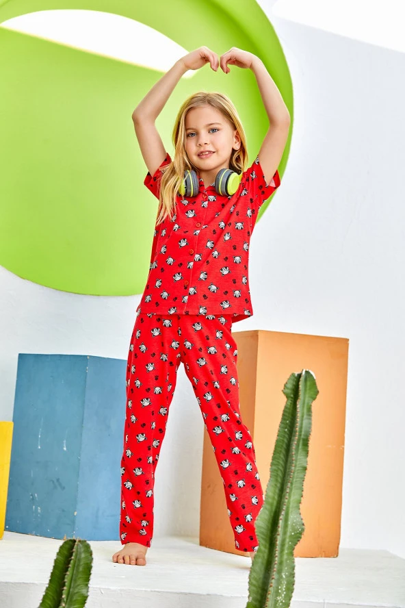 Kız Çocuk Kırmızı Desenli Pijama Takımı - Resim 2