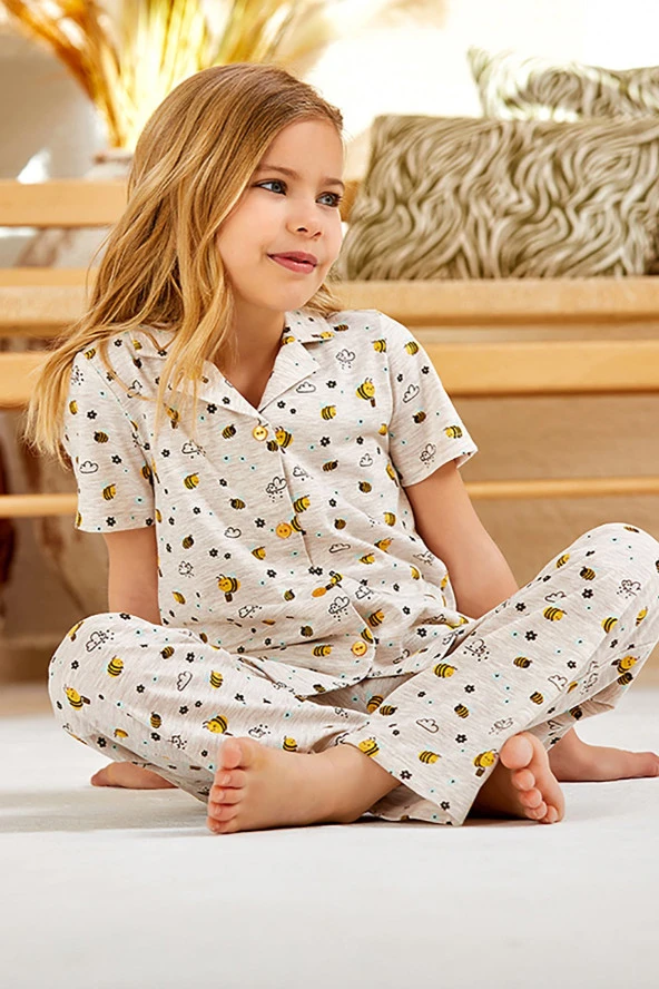 Kız Çocuk Arı Baskılı Önden Düğmeli Bej Melanj Pijama Takımı - 3