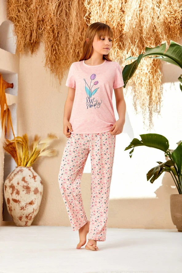 Kız Çocuk Çiçek Desenli Pijama Takımı - 3