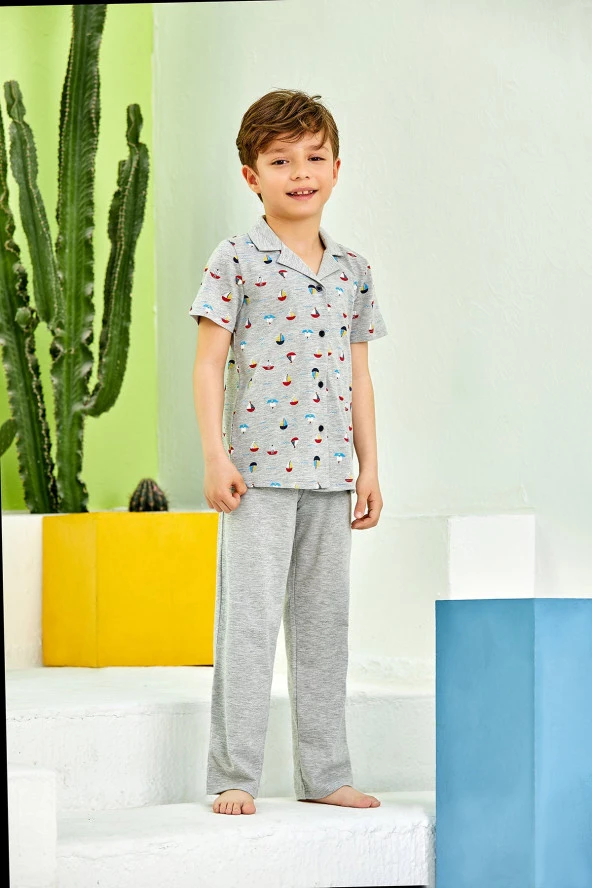 Erkek Çocuk Gemi Desenli Gömlek Yaka Pijama Takımı - 2