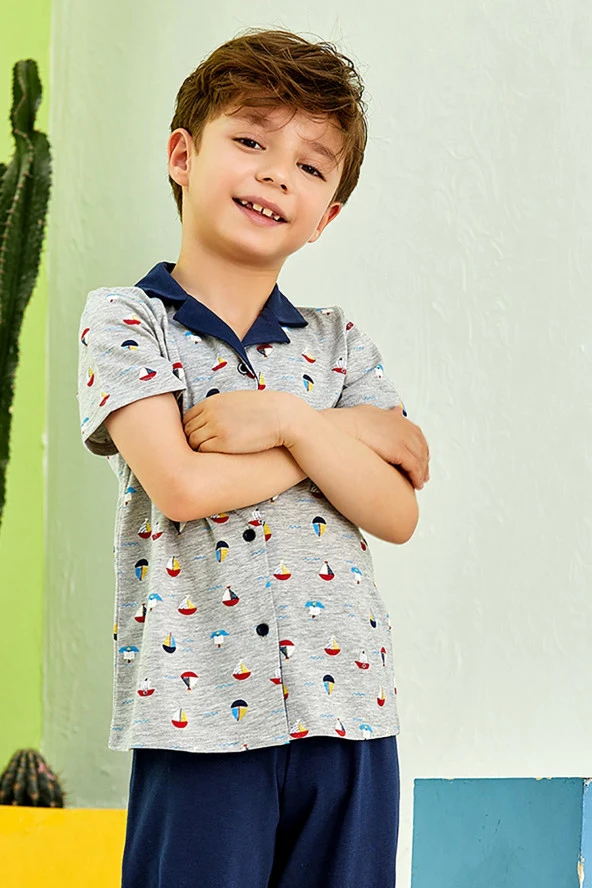 Erkek Çocuk Gemi Desenli Gömlek Yaka Pijama Takımı - 3