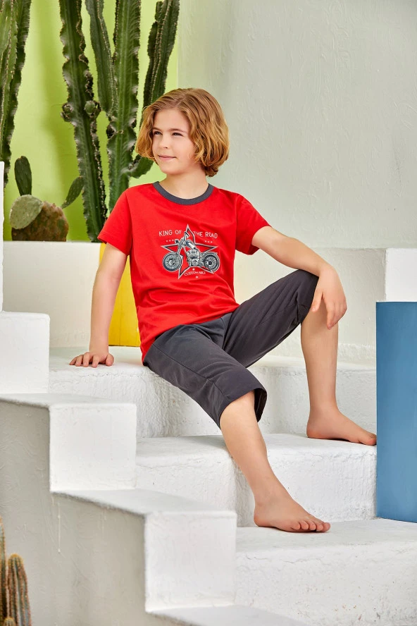 Erkek Çocuk Motosiklet Desenli Şortlu Pijama Takımı - 2
