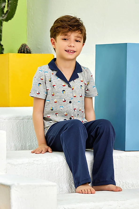 Erkek Çocuk Gemi Desenli Gömlek Yaka Pijama Takımı - 4