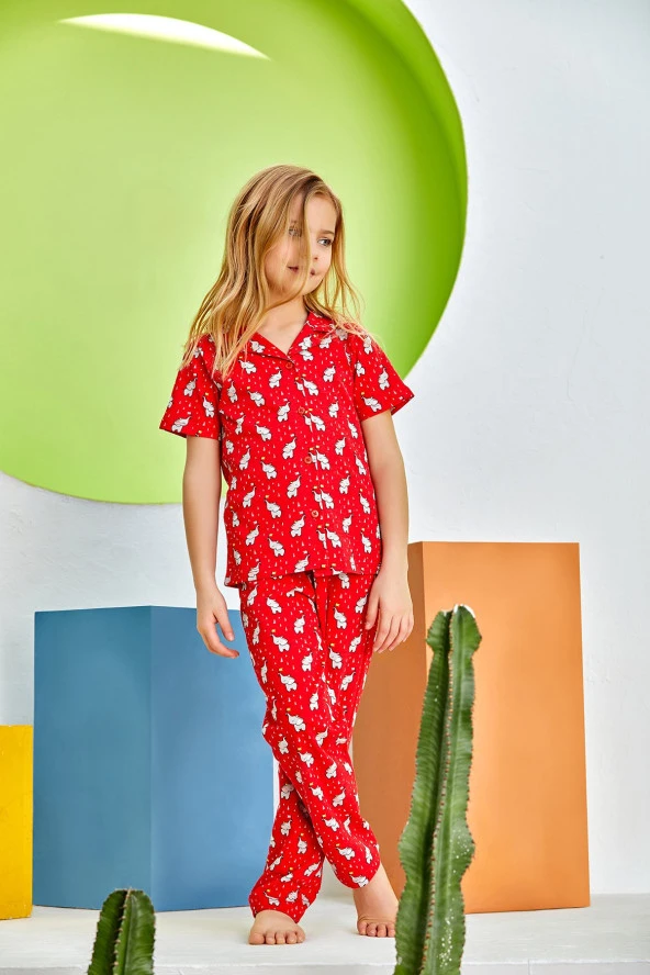 Kız Çocuk Kırmızı Fil Desenli Gömlek Yaka Pijama Takımı