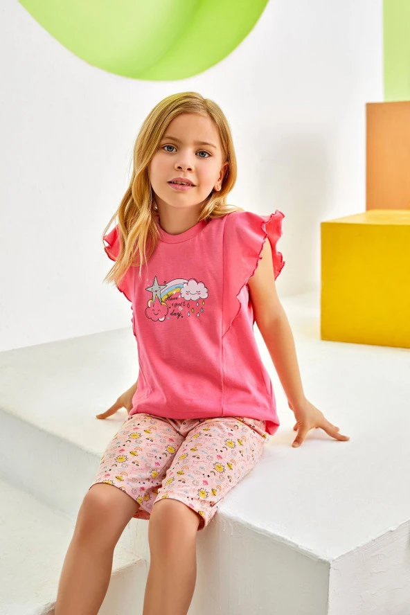 Kız Çocuk Gökyüzü Desenli Şortlu Pijama Takımı - 2