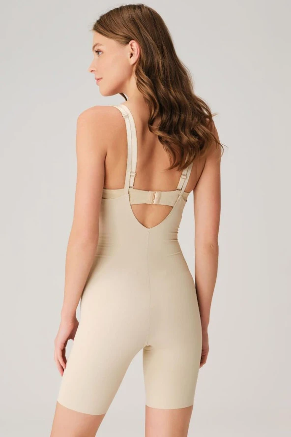 Kadın Ten Mikro Kumaş Göğüs Altı Yapıştırma Paçaları Silikon Bantlı Altı Açık Paçalı Sıkı Badi Korse - 2