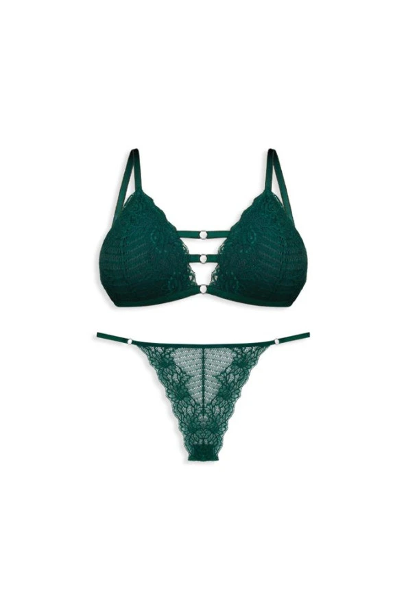 Kadın Yeşil Renk Dantelli Transparan Sütyen Takım