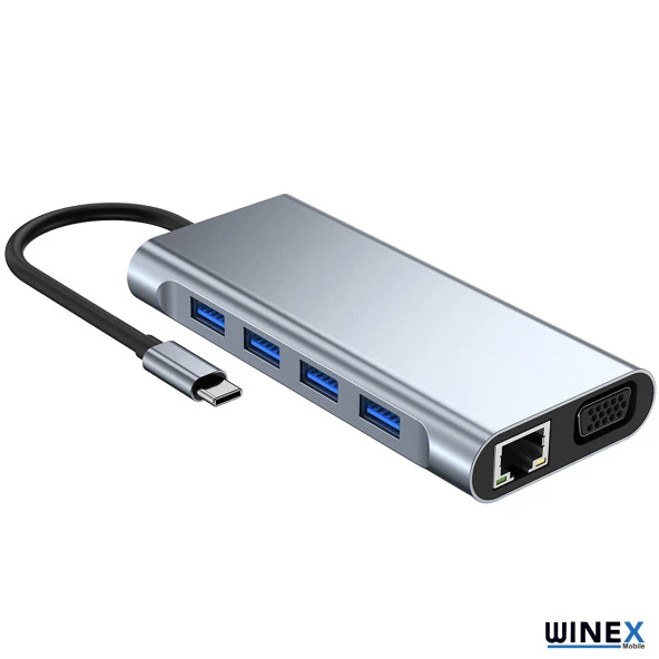 Global 11in1 Hub Type-C to 4K HDMI/UsbA 3.0/TF SD/VGA/3.5mm AUX/PD Şarj/RJ45 Ethernet Dönüştürücü Adaptör WNE0002